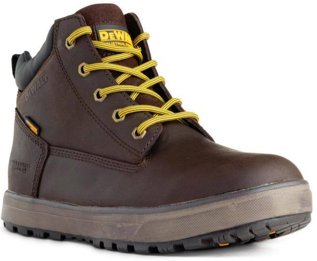brown DeWalt work boot with yellow laces