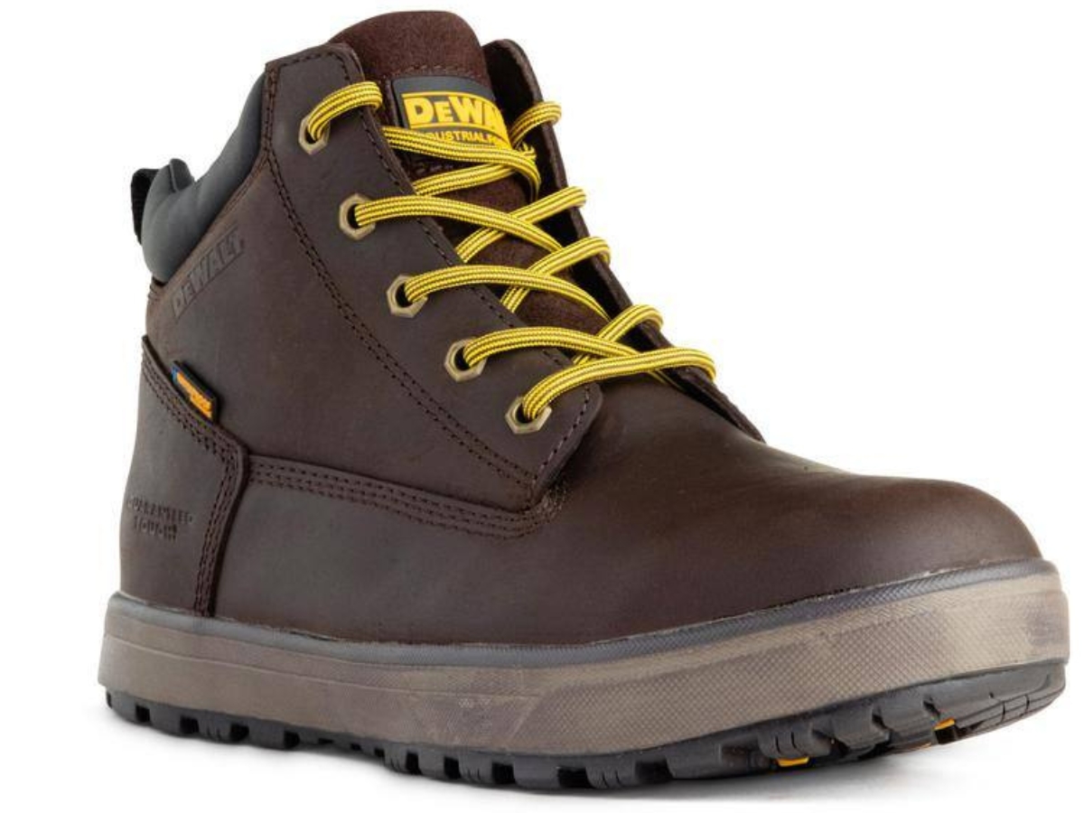 brown DeWalt work boot with yellow laces