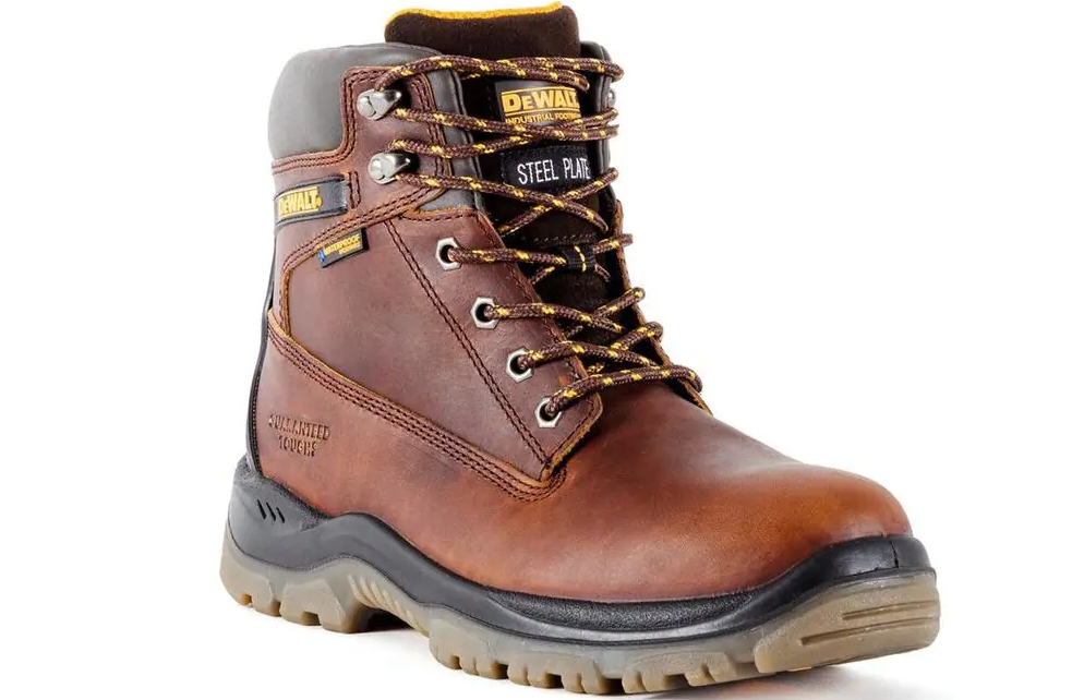 side view of a men's DeWalt work boot in brown
