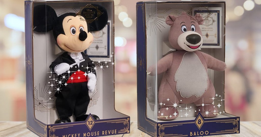 boxed Mickey Mouse and Baloo plush toys