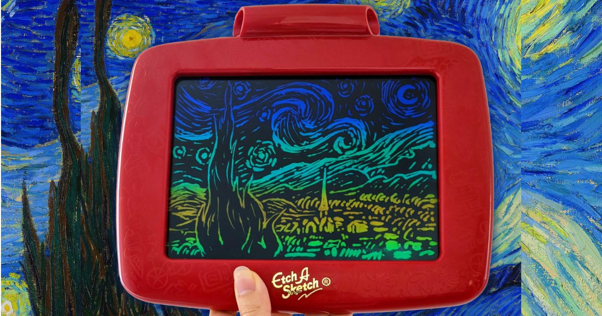 Etch A Sketch Drawing pad on a background of Van Gogh's Starry night