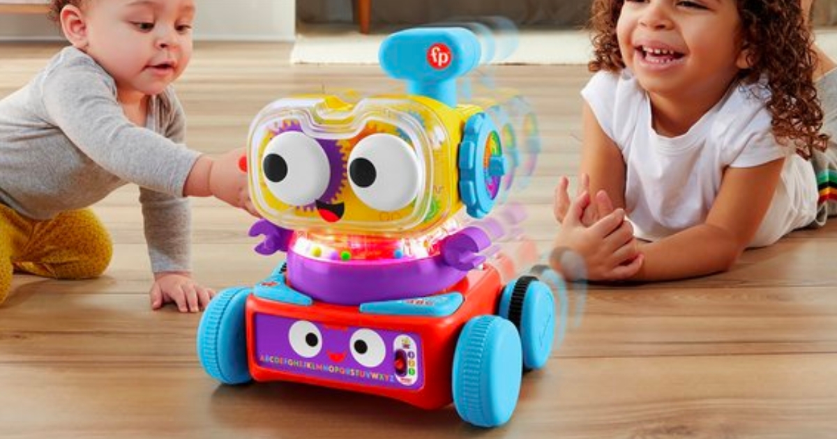 kids playing with fisher price learning robot