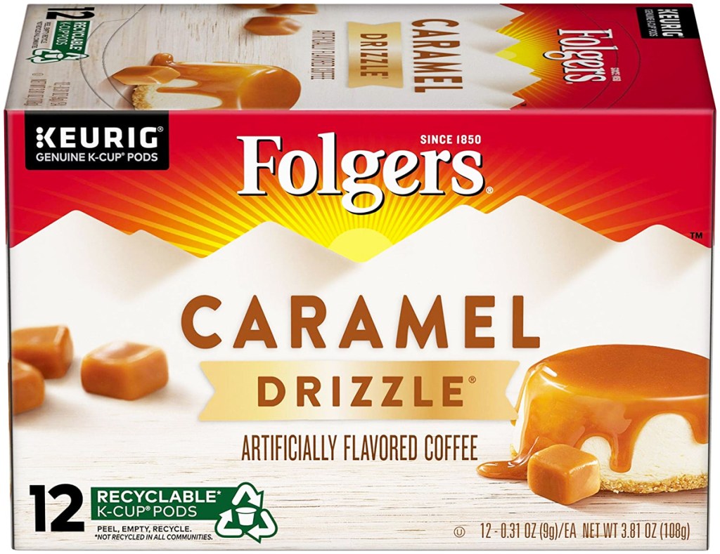 box of Folgers Caramel Drizzle Flavored Coffee K-Cups