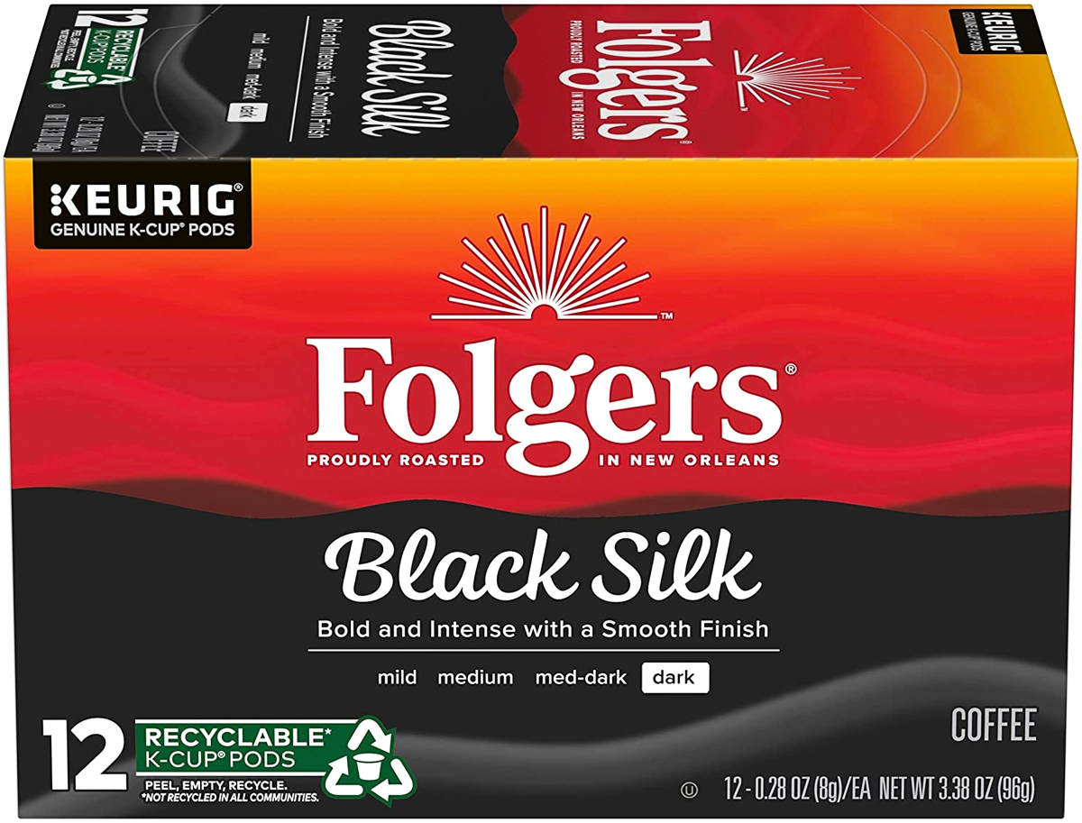 box of Folgers Dark Roast Black Silk K-Cups