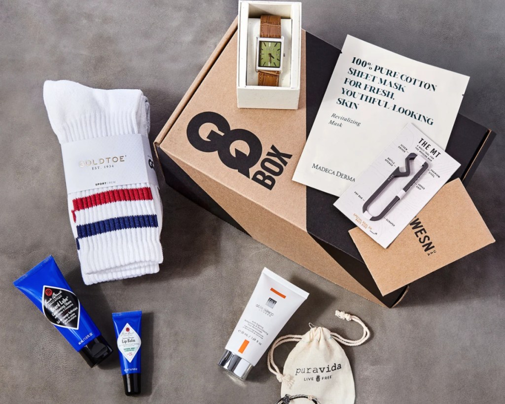 all GQ mens subscription items on top of box