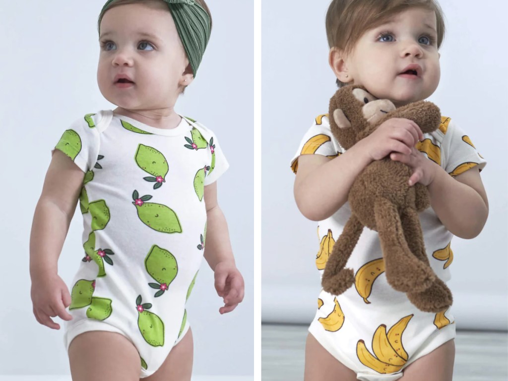 baby girl wearing Gerber Onesies with avocados and bananas