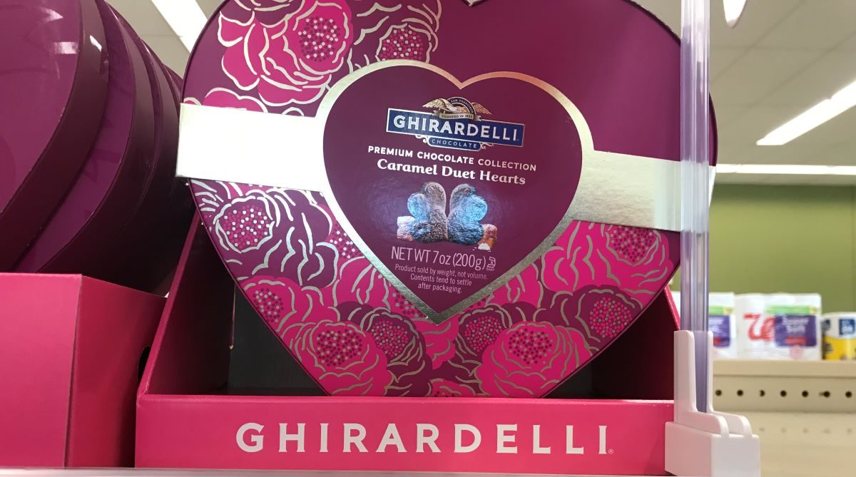 Heart shaped box of Ghirardelli chocolates on a shelf at Walgreens