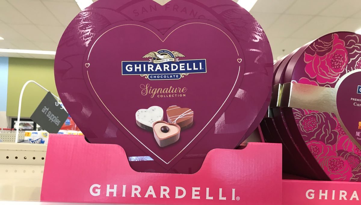 Ghirardelli Valentine's Sweethearts Heart Box on a shelf at Walgreens