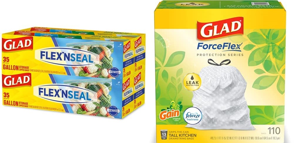 Boxes of Glad freezer bags and a box of trash bags