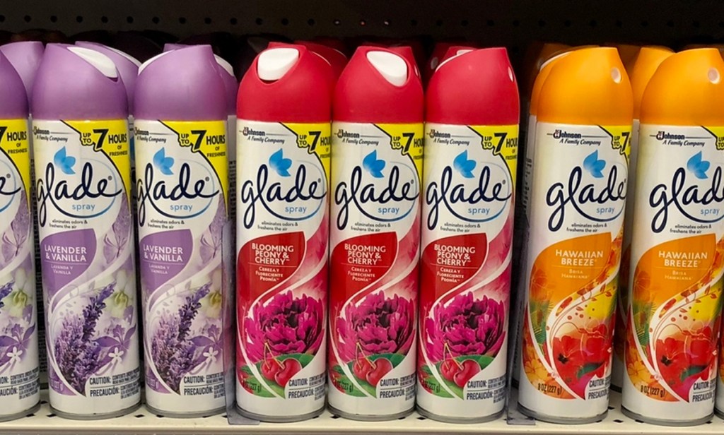 cans of glade air freshener sprays on store shelf