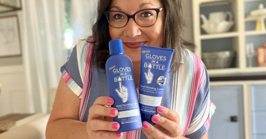 woman holding Gloves in a Bottle Lotions