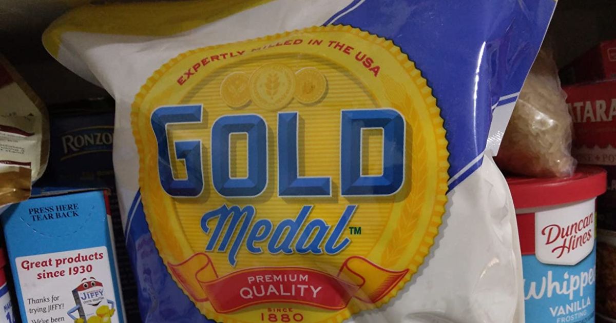 A resealable bag of gold medal flour in a pantry