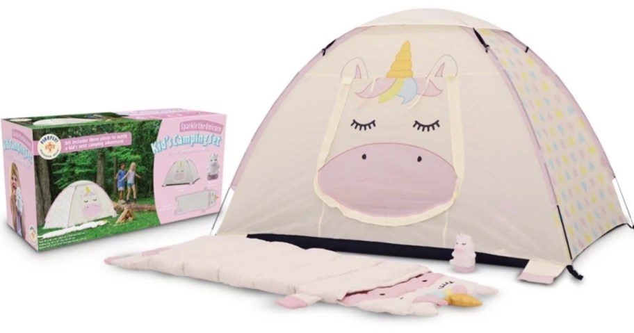 kid's unicorn tent, sleeping bag and lantern beside of the box it comes in