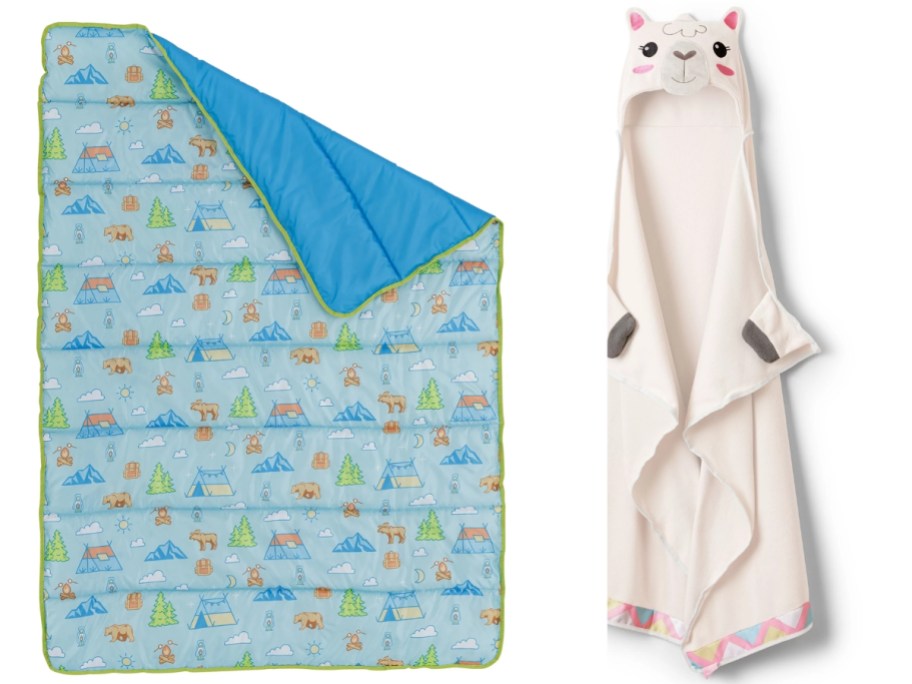 kid's blue and green camp blanket with camping items on it and llama blanket