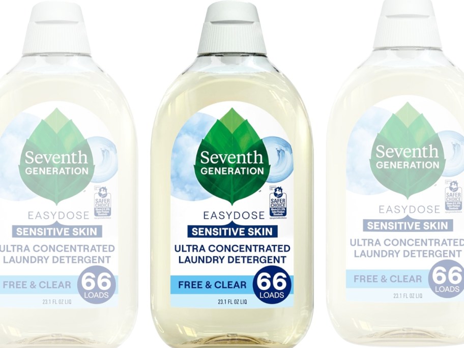 bottle of Seventh Generation EasyDose Laundry Detergent Free & Clear 66 Loads with transparent bottles to the side