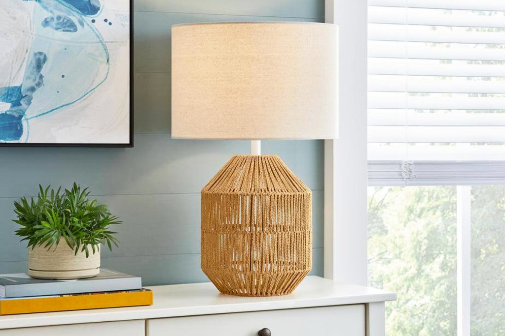 rattan lamp on white table