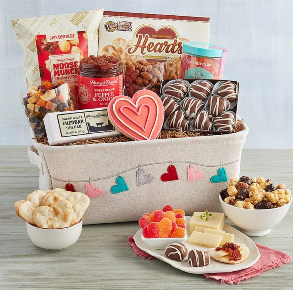 Harry and David gift baskets make excellent Valentine's Day gifts like this Deluxe Valentine's Day Box filled with yummy morsels.