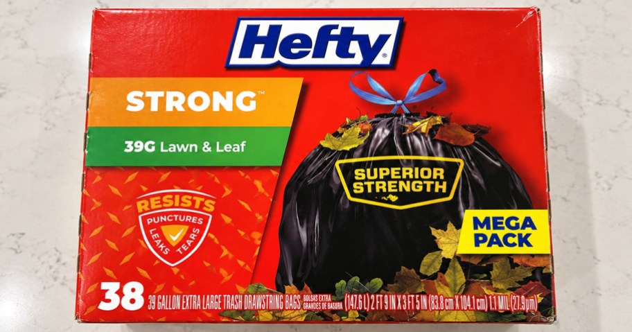 red box of Hefty Lawn & Leaf Trash Bags on a counter