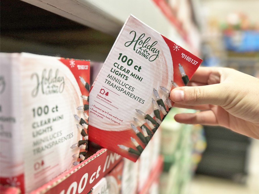 hand grabbing a box of clear christmas string lights from store shelf