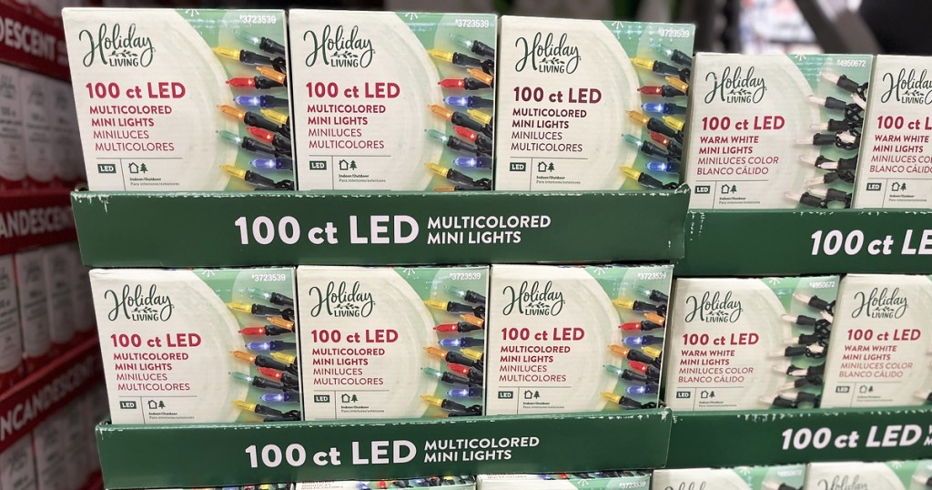 stacked boxes of led string lights in store