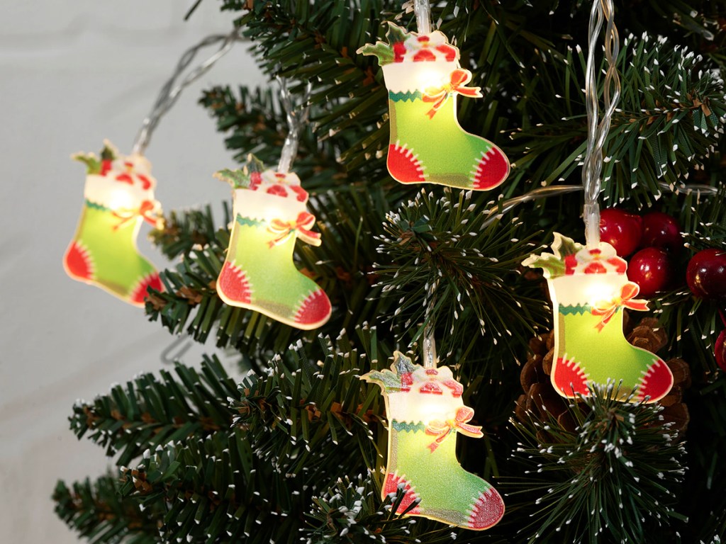 christmas stocking shaped lights on tree