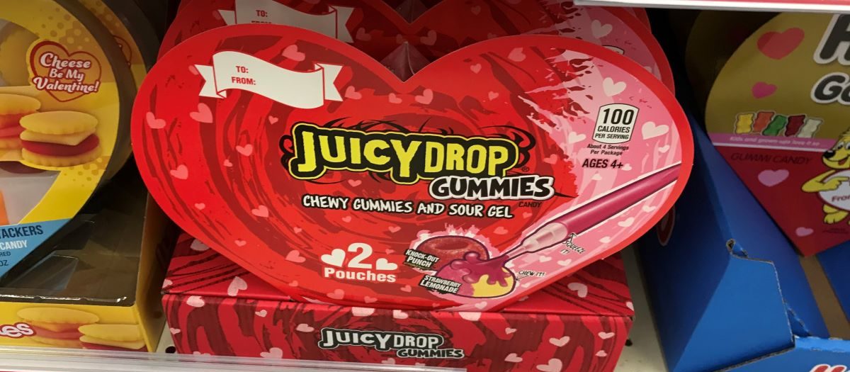 Juicy Drop Valentine's Gummies Heart Gift Box on a shelf at Walgreens