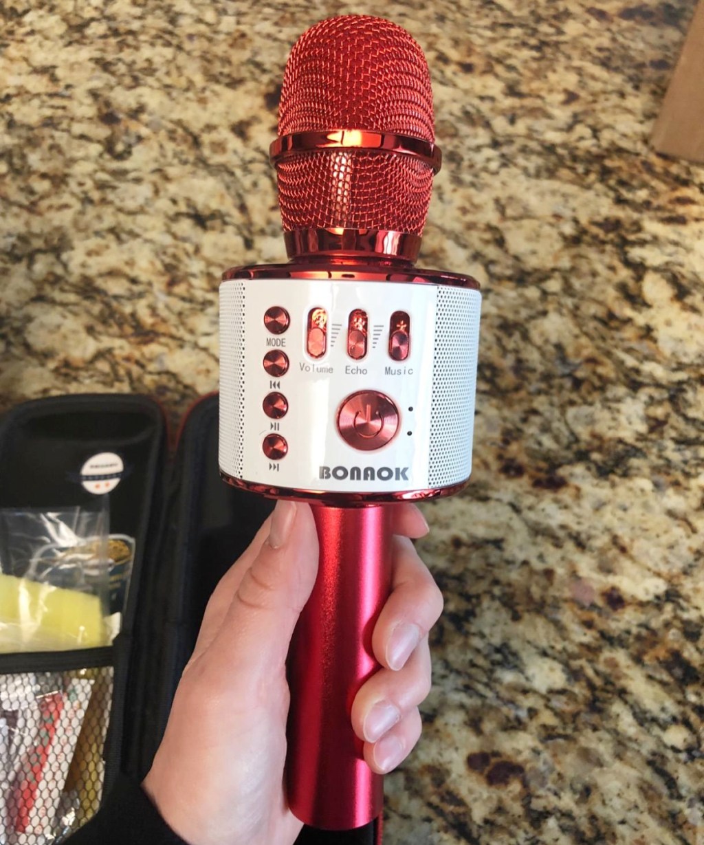 A karaoke microphone given as a white elephant gift idea