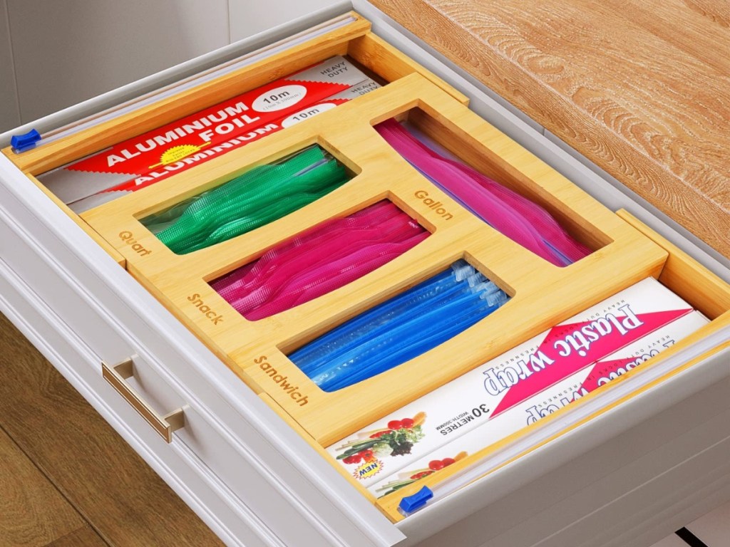 Kitchen Drawer Organizer Expandable Ziplock Bag Storage Holder