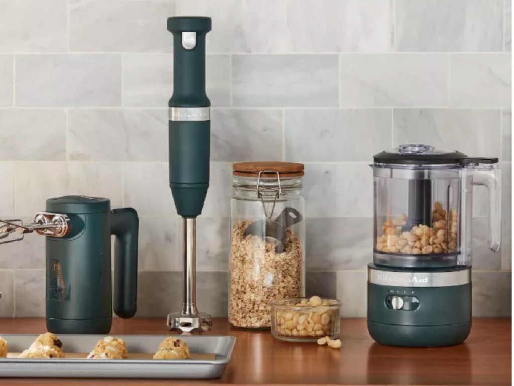 green small kitchen appliances on counter