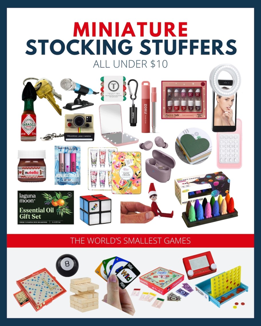 miniature stocking stuffers graphic collage with various stock photos