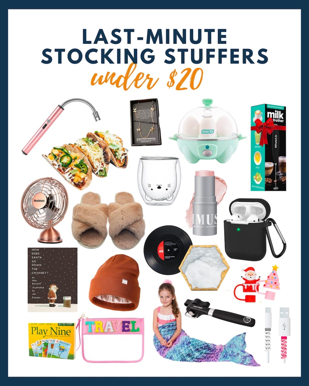 graphic collage of various stocking stuffer under $20 gift ideas