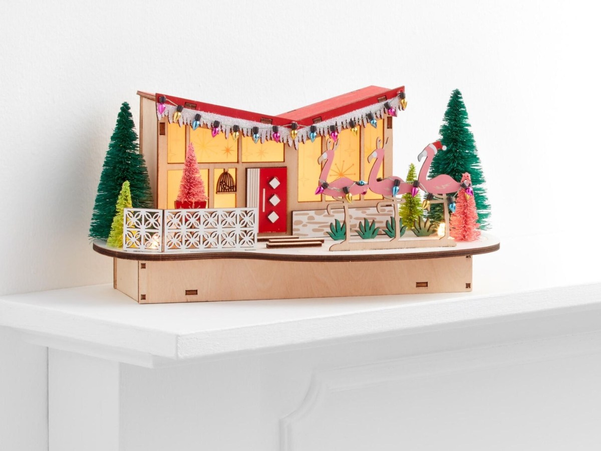 Laser Cut Wood Mid Century Flamingo House LED Light Up Decor