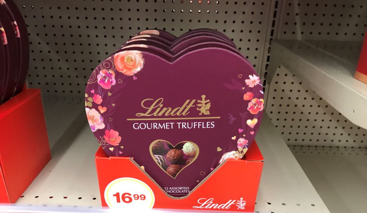 Lindt Gourmet Truffles Heart on a shelf at Walgreens