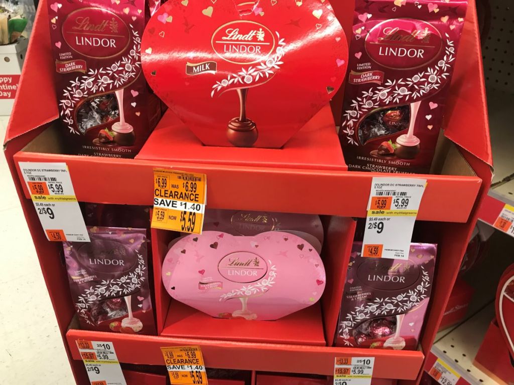 Display of Lindt Valentine's Day packages of truffles at Walgreens