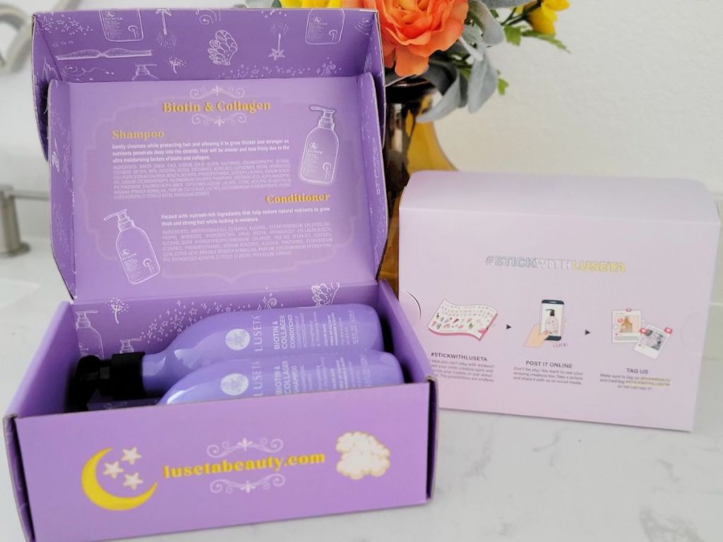 A box with Luseta Biotin & Collagen Shampoo & Conditioner Inside