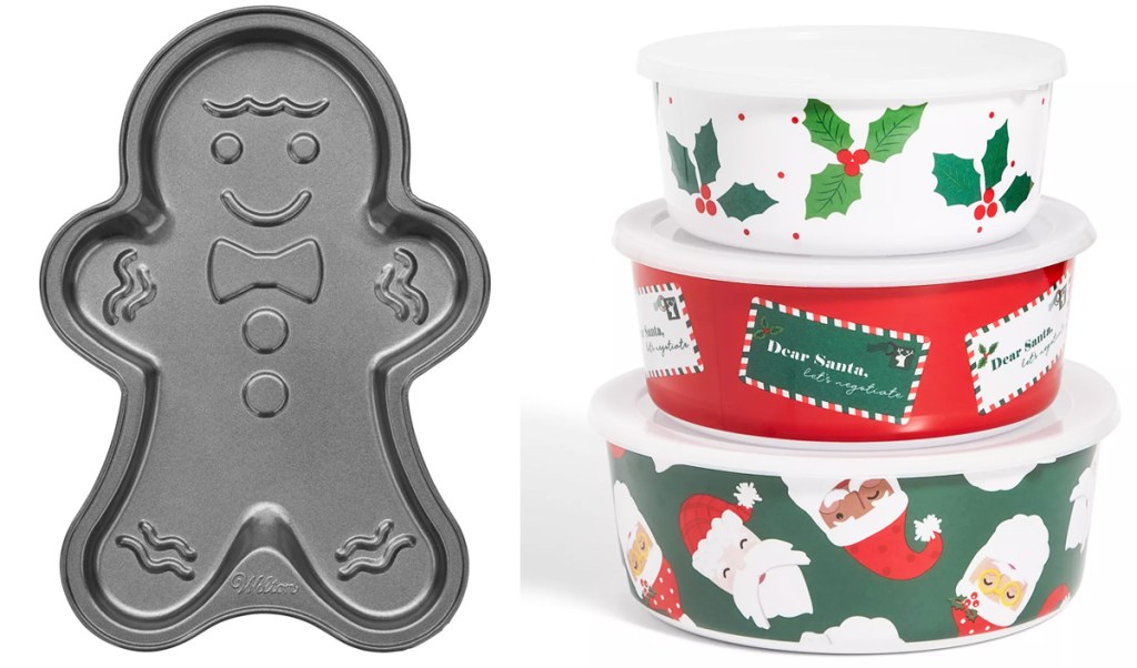 gingerbread man pan and holiday food storage containers