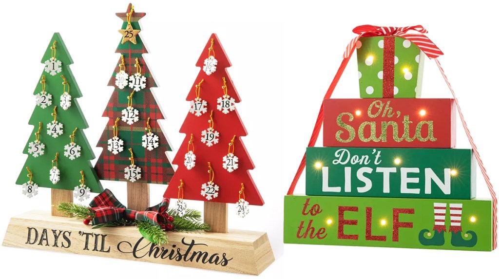 wooden trees countdown and elf saying block decor