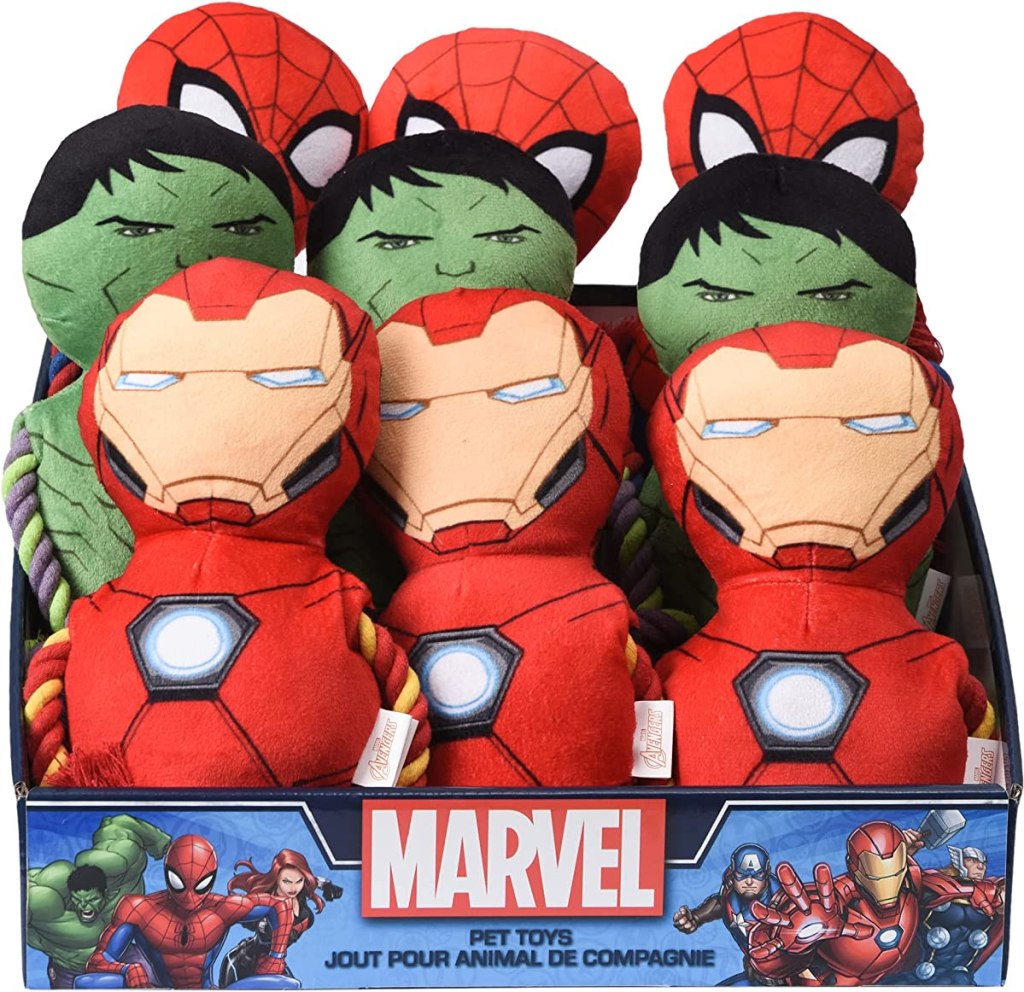 Box with hulk, spiderman and iron man dog toys