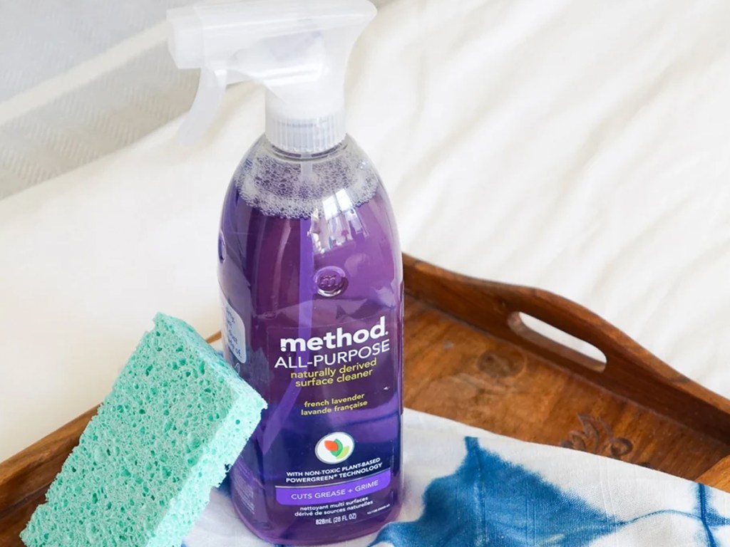Method All-Purpose Cleaner Spray on a wood tray with a sponge