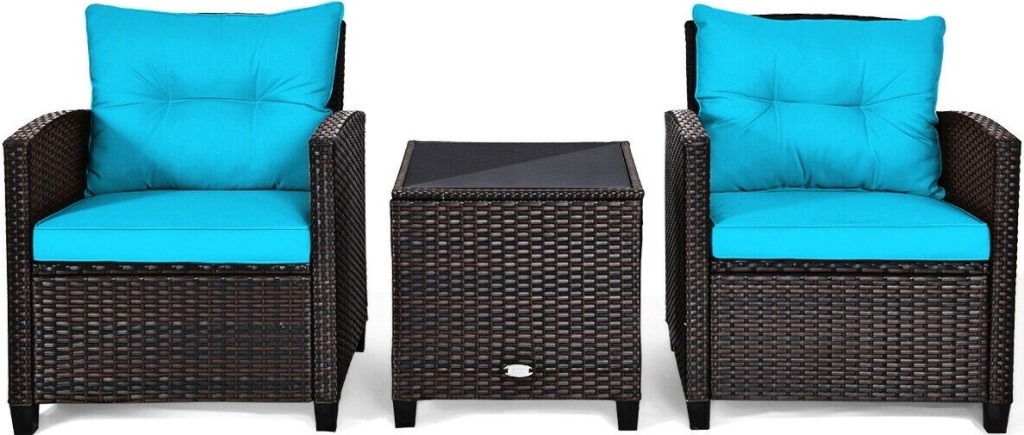 Mondawe 3-Piece Rattan Patio Conversation Set with Blue Cushions