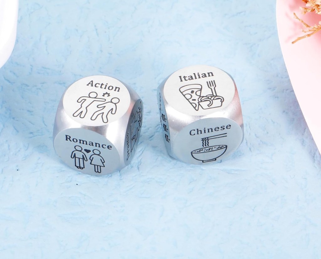 Movie and Dinner Date Night Decider Dice Set which makes a great white elephant gift idea or stocking stuffer idea