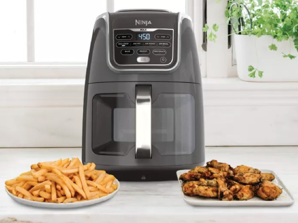 black air fryer with wings and fries on plate in front