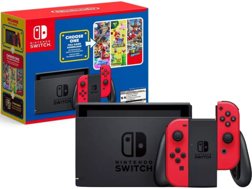 Stock images of the Nintendo Switch Choose One Bundle Box and Gaming System with Dock