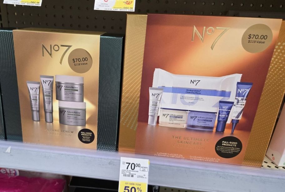 two skin care gift sets on a store shelf