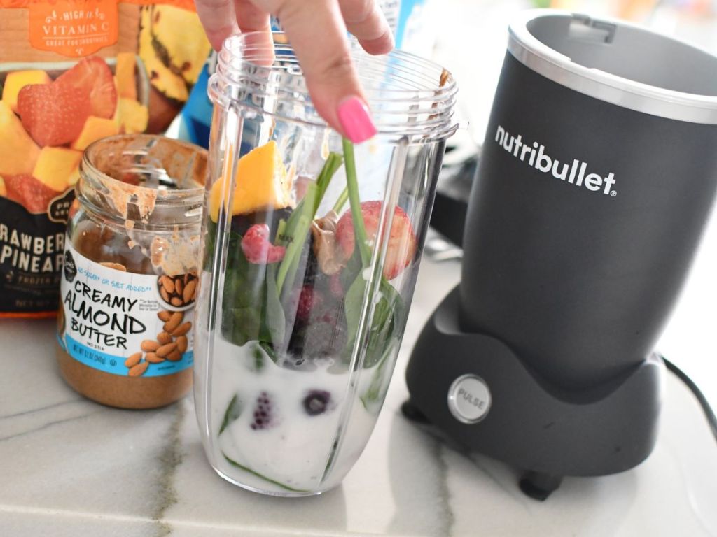 Nutribullet Pro+ filled with smoothie ingredients