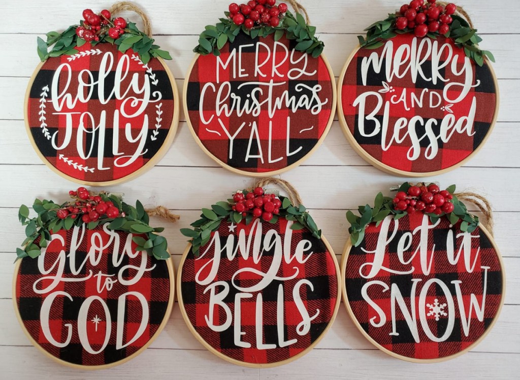 Red and Black Buffalo Plaid Embroidery Hoop Christmas Ornaments