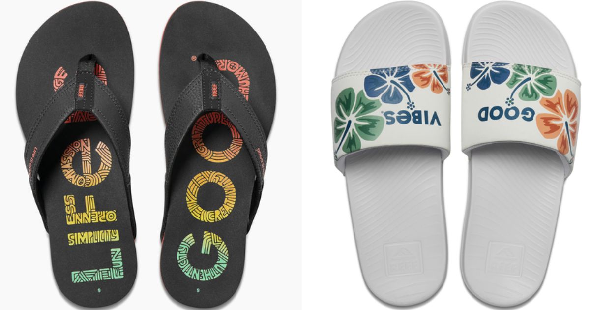 Two pairs of Life is Good sandals. The first pair is black and the second pair is white.