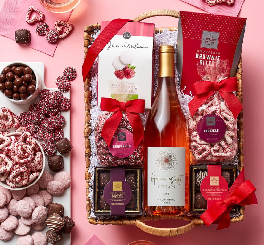 Rose wine and sweets in a food gift basket from Hickory Farms