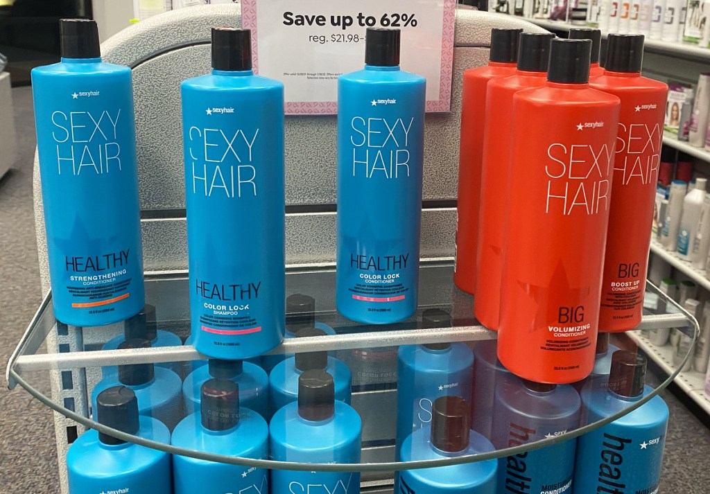 sexy hair shampoo on glass shelf