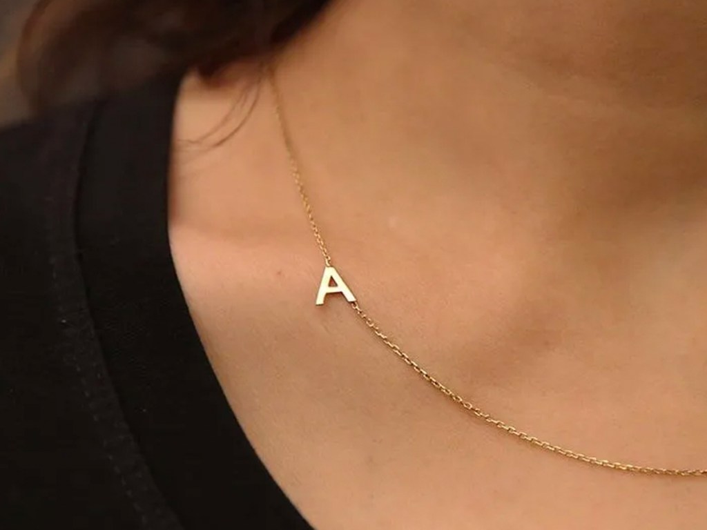 Sideways Initial Necklace on Woman